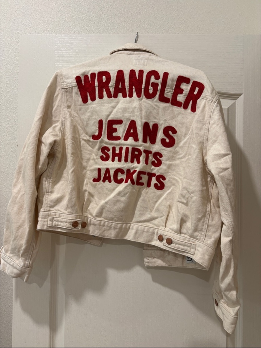 Wrangler Cream Jean Jacket with Red Lettering